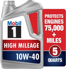 Mobil 1 High Mileage Full Synthetic Motor Oil 10W-40, 5 Quart, Gray
