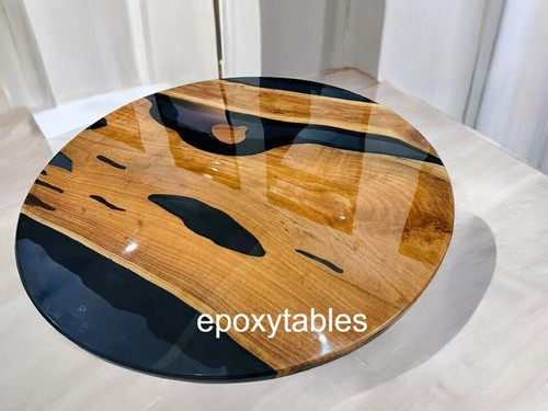 Round Black Epoxy Resin Top Coffee Sofa Table Acacia Wooden Cafeteria Modern Dec - Picture 5 of 12