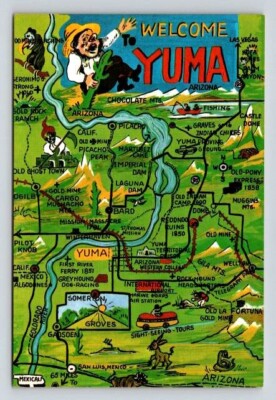Yuma Arizona Cartoon Road Map Landmarks - Continental Postcard