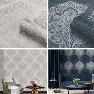 Grau Marineblau Silber Luxus Oria Damast Vinyl Strukturierte Tapete Belgravia Dekor