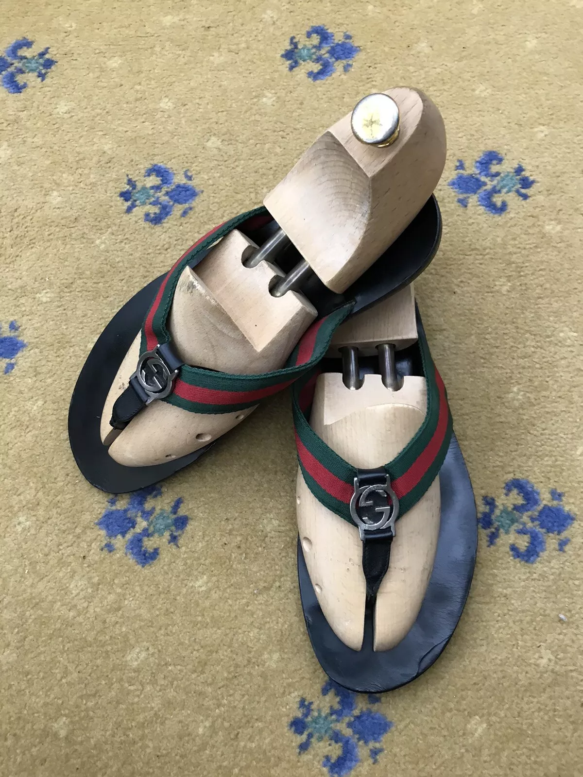 Gucci Sandales Chaussures Cuir String Noir Toile Vert Rouge Métal G Homme UK 9 US 10 43
