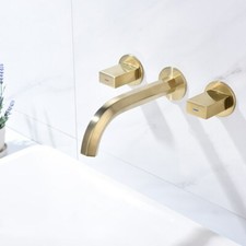 Brushed Gold Bathroom Basin Faucet Wall Mounted Dual Handles Mixer Water Taps
