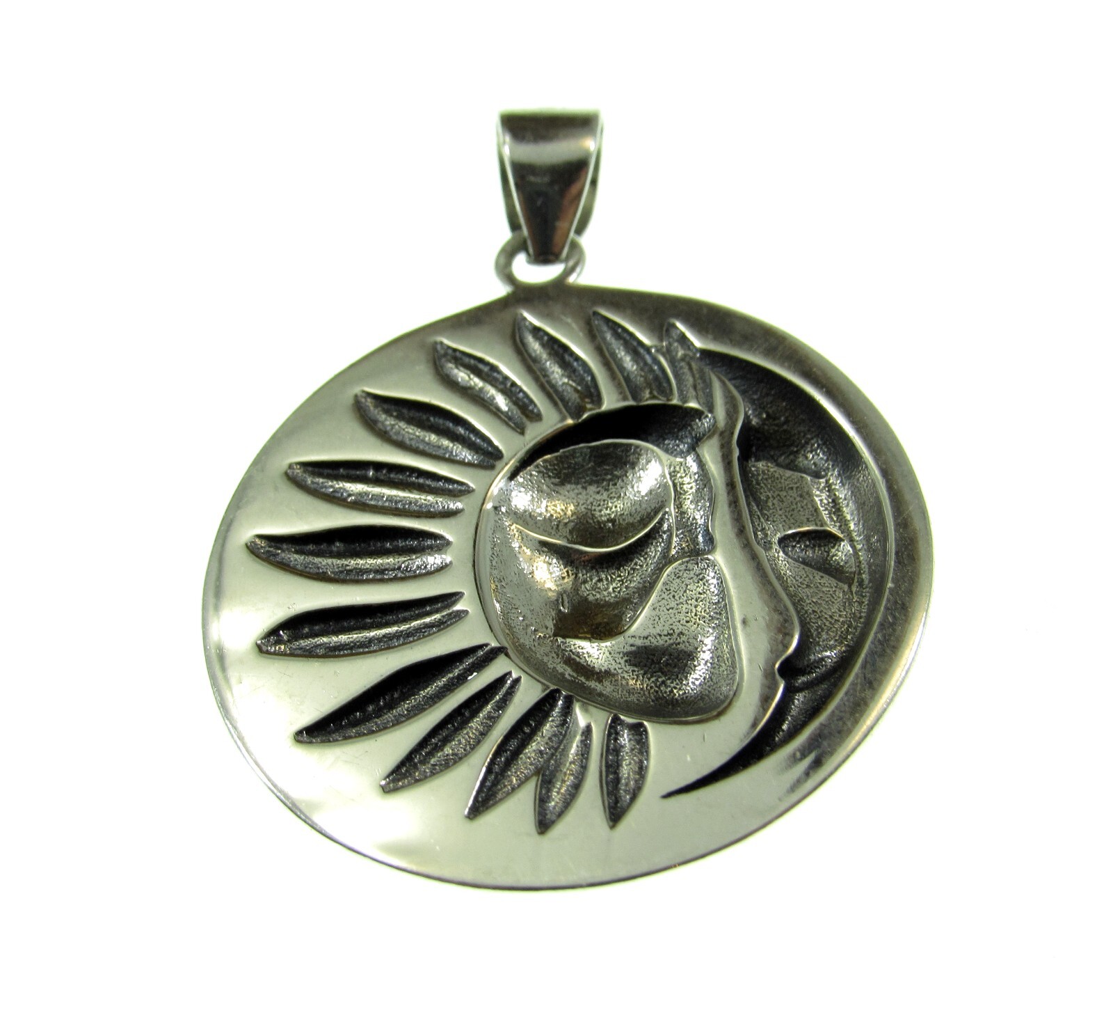 Solid 925 Sterling Silver Moon & Sun Rays w/ Faces Pendant, Celestial ...