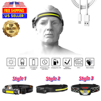 LED Headlamp Rechargeable COB USB Headlight Torch Work Light Bar Head Band US