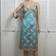 Vintage Y2K Betsey Johnson Teal and Gold Lace Overlay Midi Slip Dress Size 2