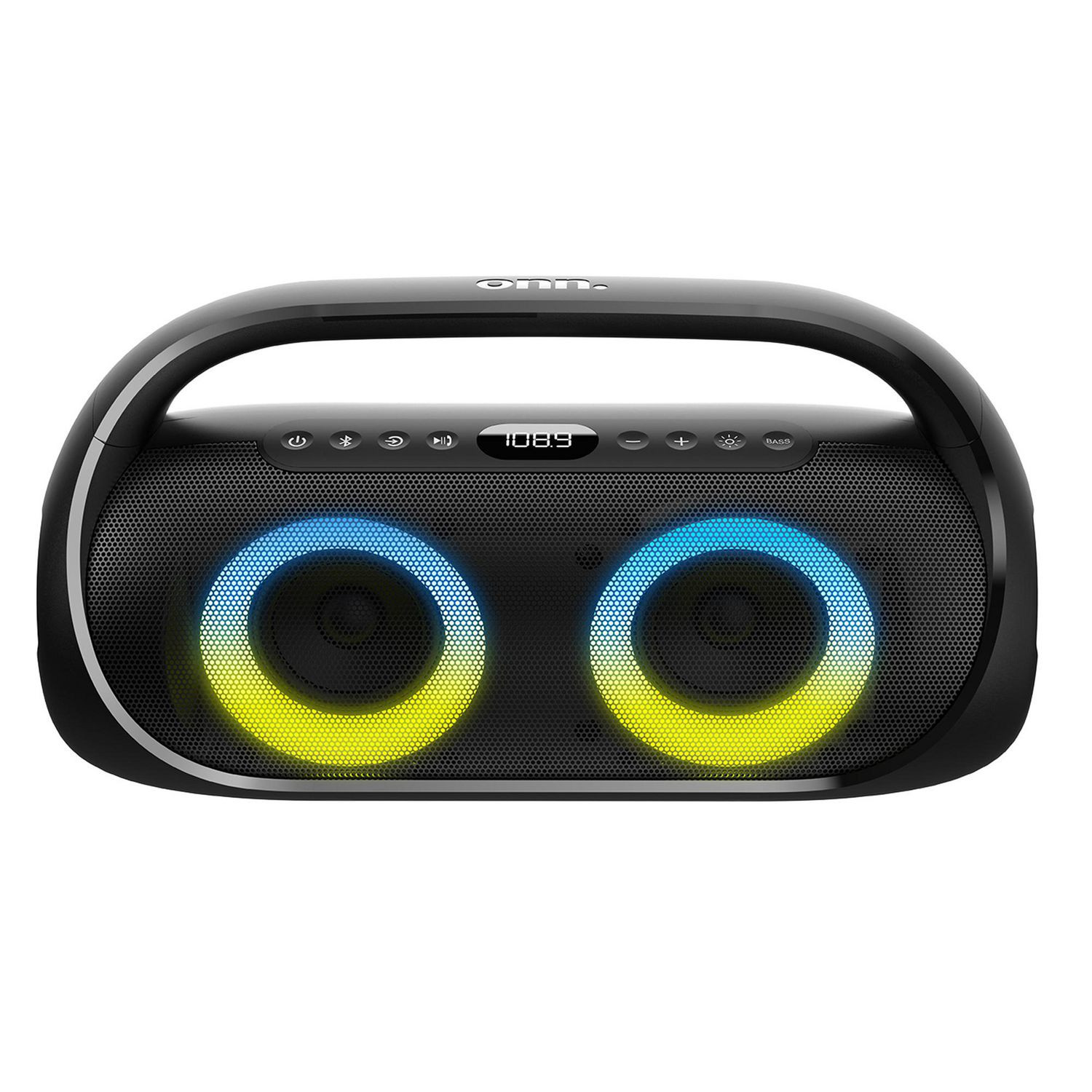 Onn. 100097809 Bluetooth Portable FM Boombox with Multicolou
