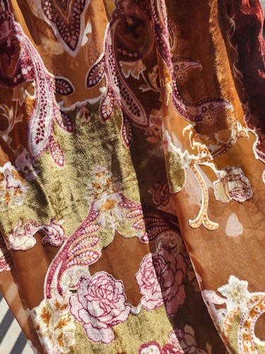 J&X NY Brown Floral Silk Viscose Burnout Velvet Fringed Scarf Shawl Wrap 76x20 - Picture 11 of 20