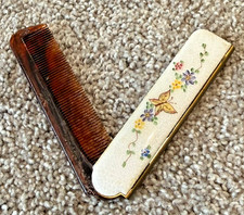 Vintage 1950s Folding Comb Tortoiseshell Style with Floral Case Vanity Accessory