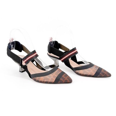 Fendi Colibri FF Mesh Slingback Pumps Heels Brown Zucca Size 37.5 US 7.5 Women s