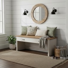 Farmhouse Entryway Bench White Wood Bench With Solid Wood Top Rustic Cottage