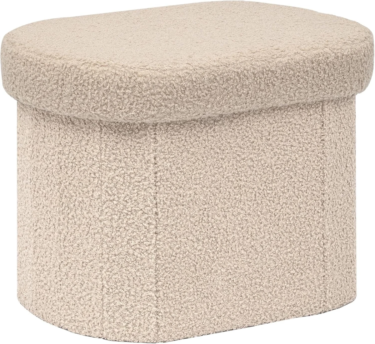 Folding Storage Ottoman Beige Boucle Oval Footstool with Hidden Storage