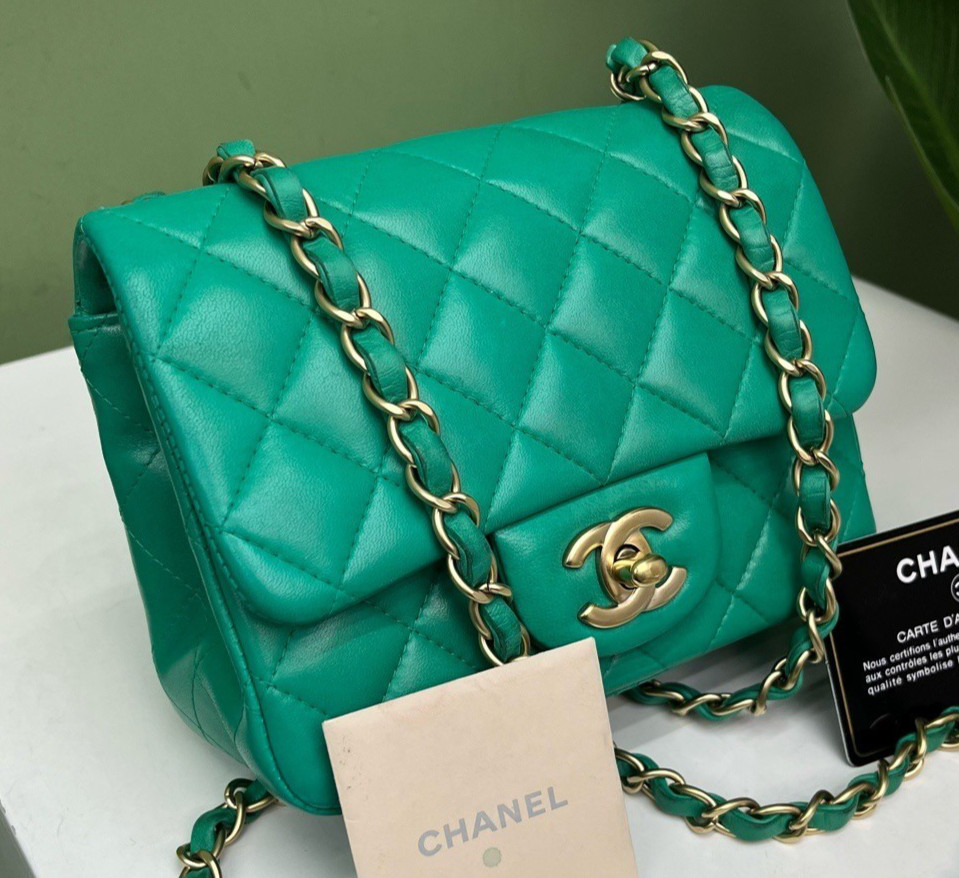 Chanel Classic Flap Chain Shoulder Bag Green Gold Women Fashion