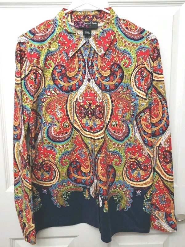 Peck &Peck Women's Size L Paisley Shirt Button-up, Contrast Hem