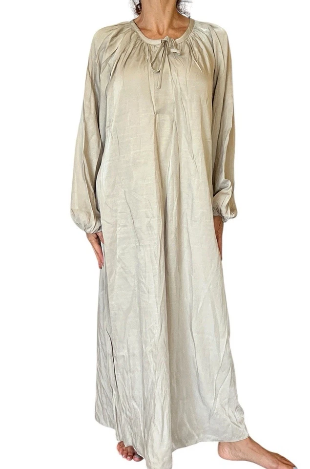 H&M Women's Large Long Midi Maxi Satin Beige Dress Minimalist Modest - Image 3 of 4