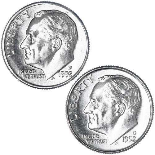 1992 P & D Roosevelt Dime 2 Coin Set Pulled From Mint Proof Sets