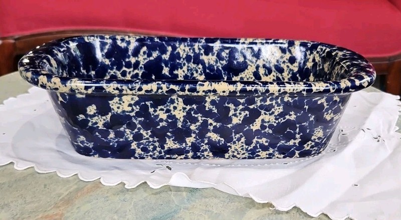 VINTAGE BLUE AGATE DESIGN POTTERY LOAF PAN ♡ 11.75" LONG 5.75" WIDE 