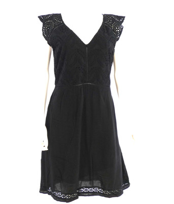 Oysho schwarzes Kleid Broderie Anglaise Baumwolle V-Ausschnitt Sommer Größe M