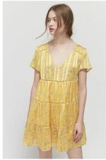 Urban Outfitters Pippa Babydoll Dress Women’s Size M Yellow Floral Tiered Mini
