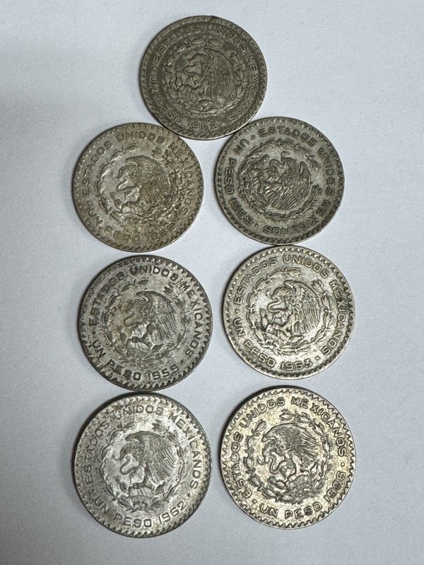 !!LOT OF 7!!  Mexico Un Peso Silver Coins 1958-1966 Silver
