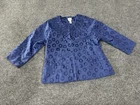 Chicos Jacket Womens 2 Blue Polka Dot Collarless Pleated Neck Lined Jacquard