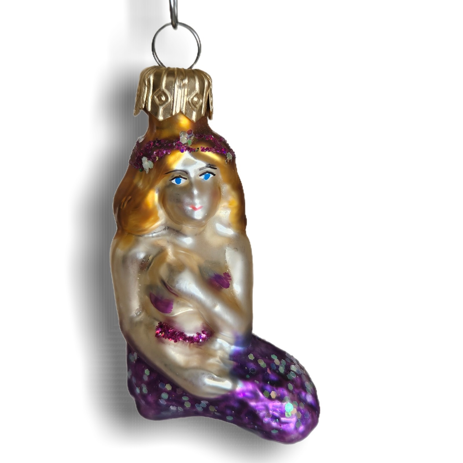 Vintage Hand Blown Glass Mermaid Christmas Ornament Glitter