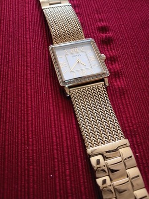 GUESS Women's Square Analog Quartz Watch Roman Numerals Gold Tone White Dial