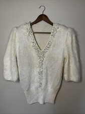 VTG 80s Glam Angora Beaded Sweater Small Ivory Pearl Embellished Puff Sleeve