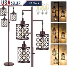 68" Dimmable Floor Lamp Farmhouse Standing Lamp with Elegant Metal Cage Brown
