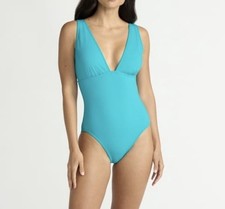 Time and Tru Teal Ribbed Plunge One Piece Swimsuit S 4-6 Adjustable Straps