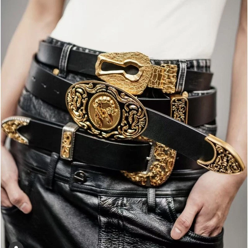 Vintage Gold Faux Leather Statement Belt Axesoria Western-Inspired Vintage Gold Statement Buckle Belt  main image 4
