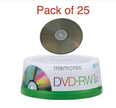 Neu versiegelt Memorex DVD-RW 4X 4,7GB 120min wiederbeschreibbare Discs 25er-Pack Spindel