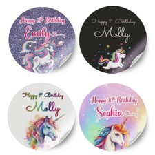 Personalised Unicorn Design Any Name Birthday Stickers Party Decoration Label 17