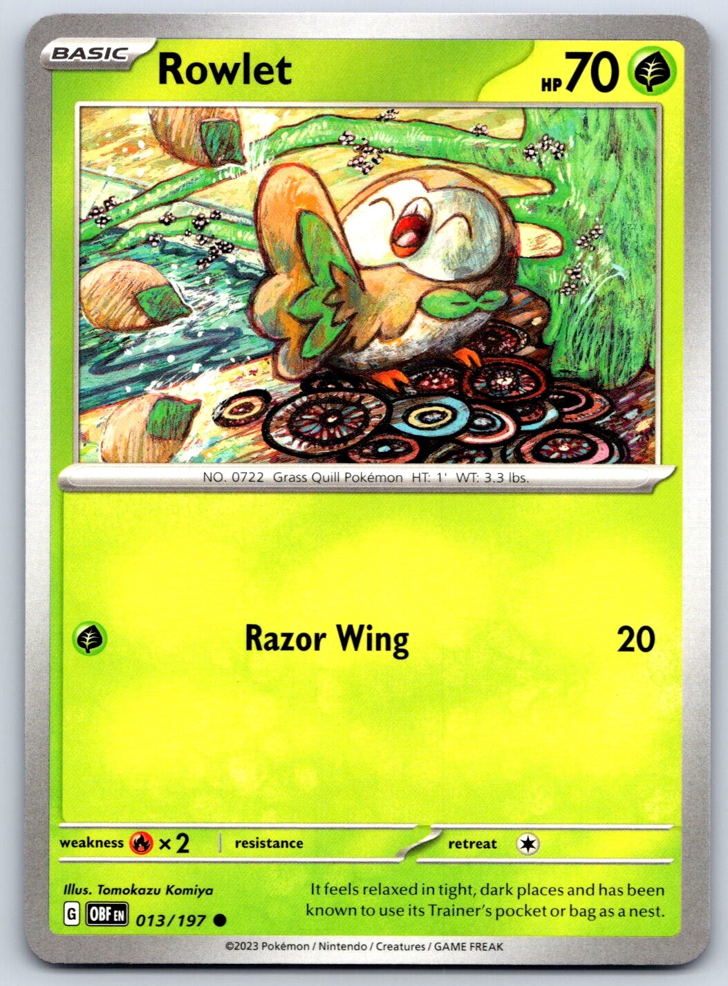 Rowlet - Obsidian Flames OBF 013/197 Tomokazu Komiya Pokemon TCG Card NM