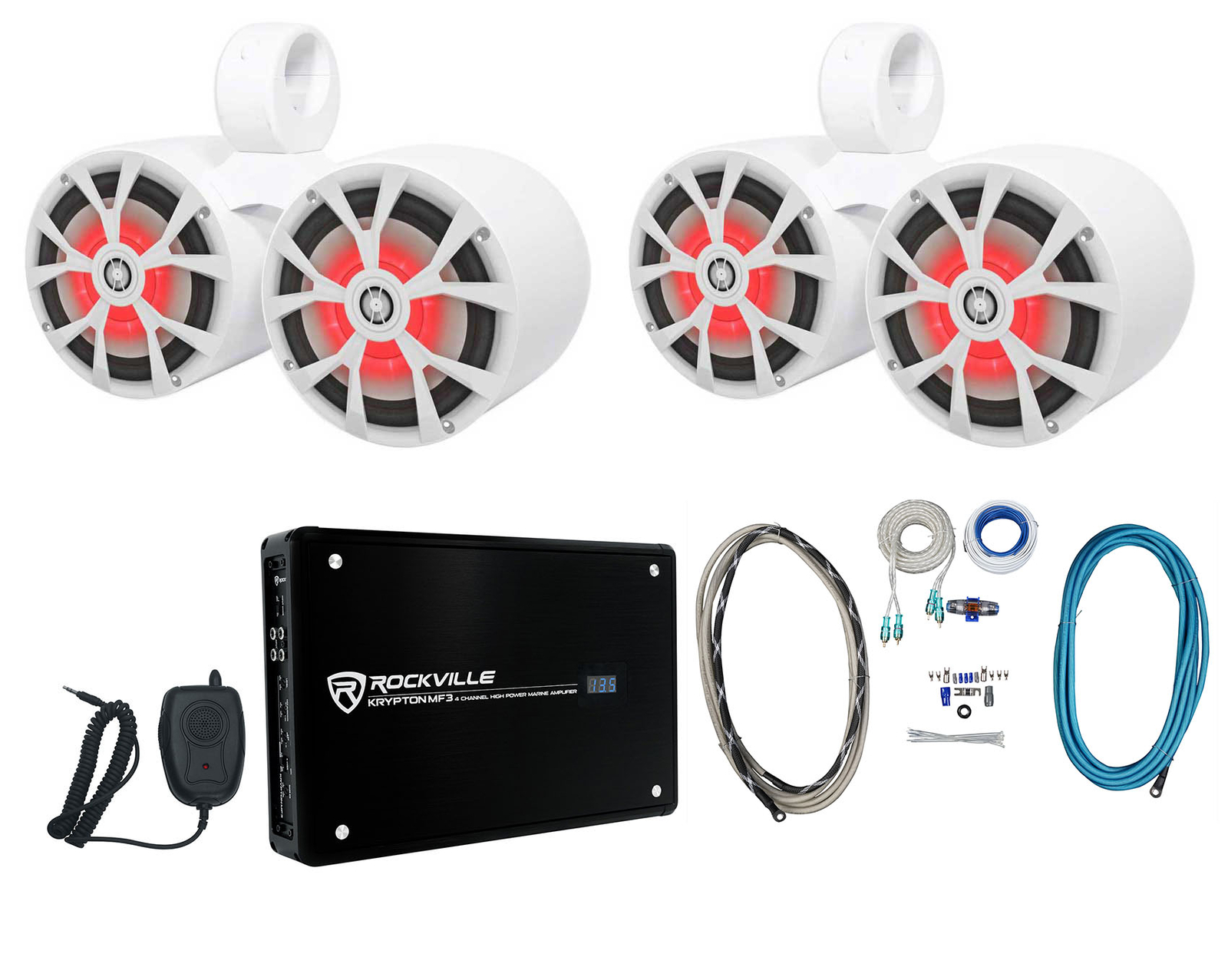 2 Rockville RKL80MW Dual 8 морских белых светодиодных динамиков для вейкборда Усилитель Провода