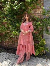 Bollywood Style Chinnon Silk Peach Top And Bottom With Dupatta For Women  Girls