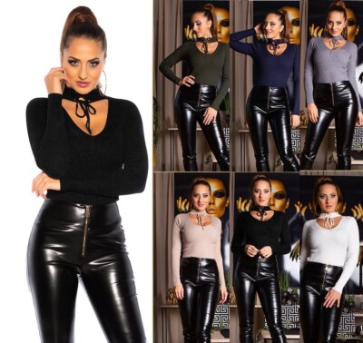 Koucla Pullover Strickpullover V-Cut Ripp Pulli mit Schnürung