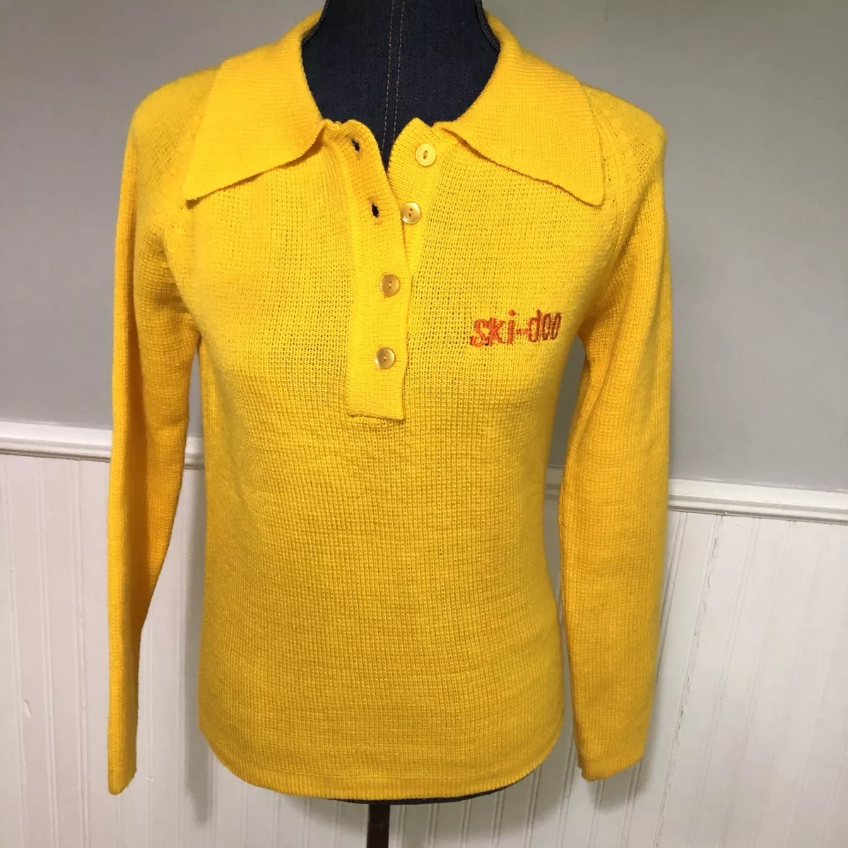 Vtg Ski Doo Snowmobile Sweater Pull Over Yellow 3 Button Acrylic