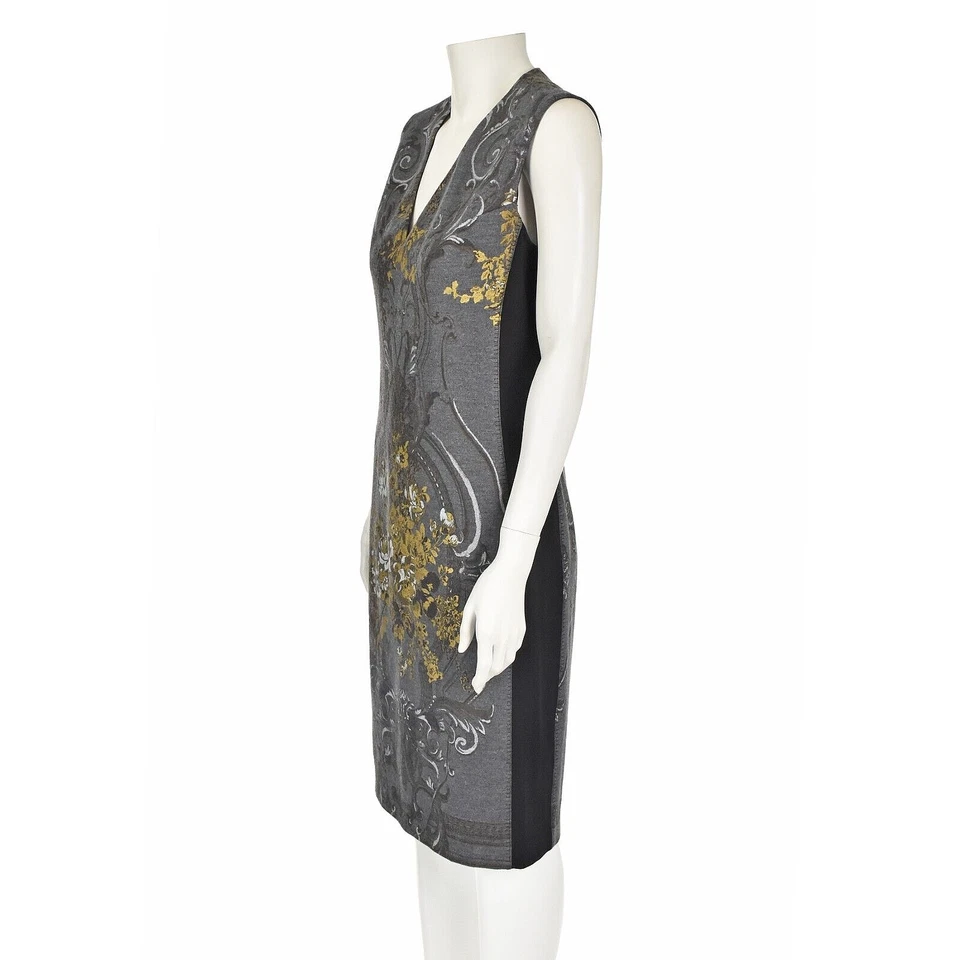 Vestido Vaina ROBERTO CAVALLI Gris Lana con Estampado Floral Dorado TALLA US8-10 NUEVO SIN ETIQUETAS Foto 4 de 4