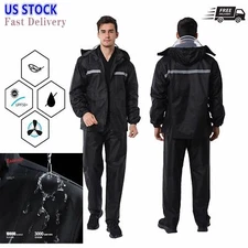 Mens Rain Suits Safety Black Jacket Pants Hooded Waterproof Fishing Raincoat US