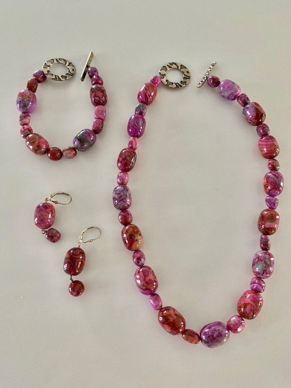 Beautiful Sterling Silver & Fushia Crazy Lace Agate Necklace, Bracelet, Earring
