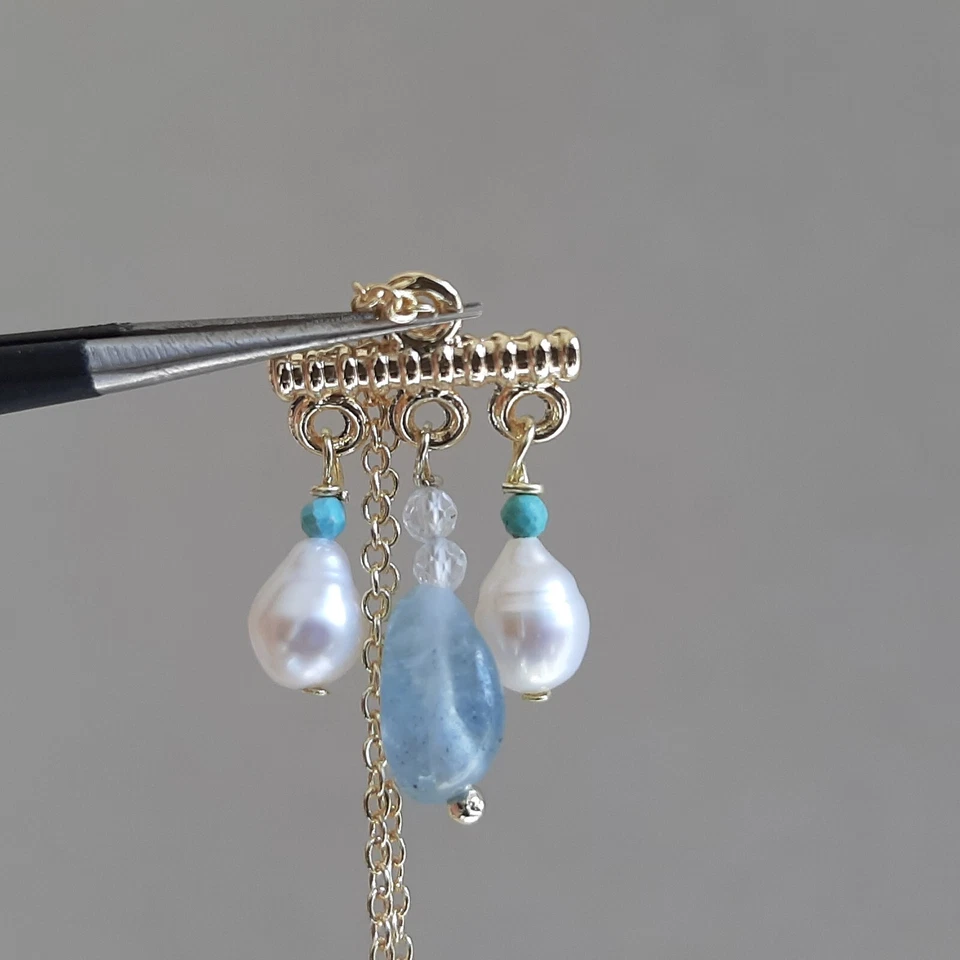 collier pendentif en pierre précieuse perles aigue-marine turquoise topaze - Photo 1/4