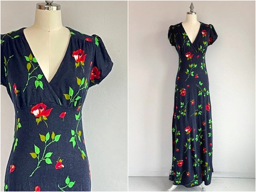 Vintage 1970s Maxi Dress Rose Print Jersey Fitted Dress with Tulip Sleeves