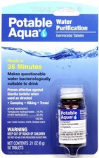 Potable Aqua Iodine Germicidal Water Purification 50-Tablets Bottle Camp/Hike 