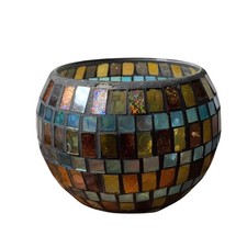 Mosaic Glass Votive Candle Holder Iridescent Amber Turquoise Boho Decor Bowl