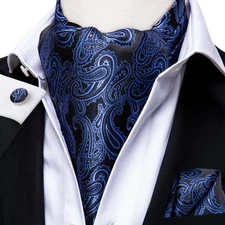 Hi-Tie Mens Ascot Navy Blue Paisley Cravet Tie Hankie Cufflinks Set Wedding 