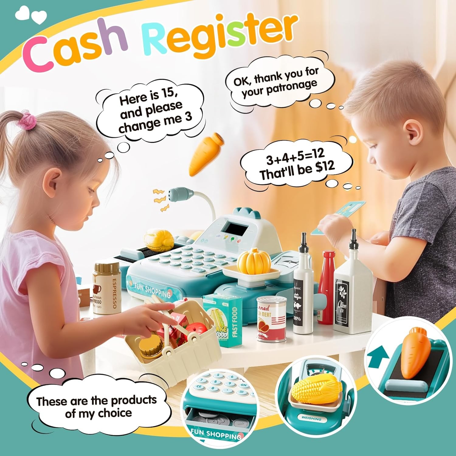 как выглядит 49PCS Pretend Play Cash Register Toy Set for Kids with Real... фото