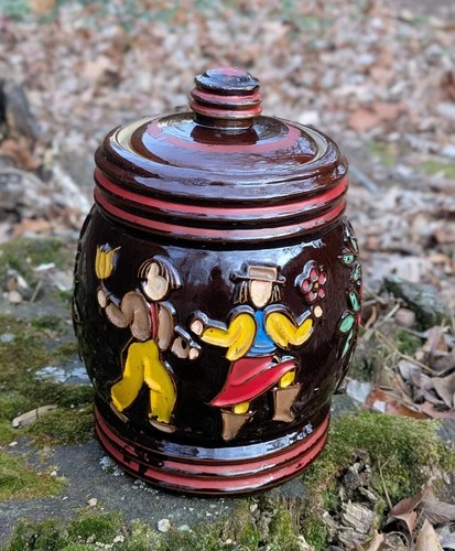 Vintage Red Wing Pottery Dutch Couple Cookie Jar - Brown Glazed Relief - 10"