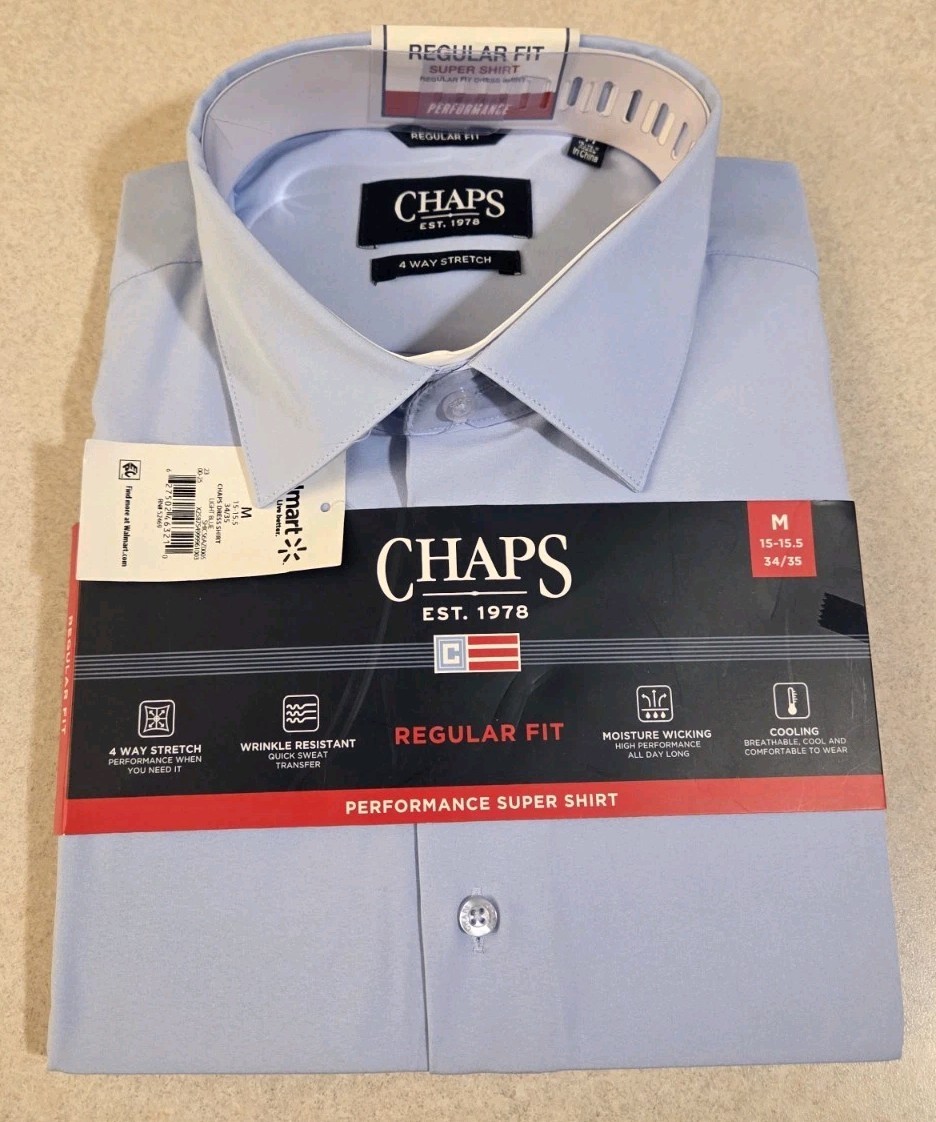Chaps Men's MEDIUM 15-15.5 34/35 Long Sleeve Performance Dress Shirt BLUE #10726