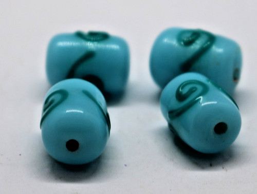 Aqua swirl lampwork glass cylinder shape beads green vine swirl lot of 4