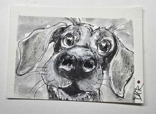 Original ACEO Cute Dog B/W. Watercolor Painting by Artist "PICASSO"